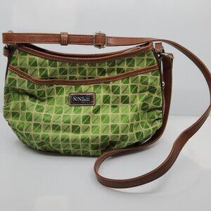 Nine & Co. Green Geometric Print Crossbody Purse Brown Leather Trim Adjustable